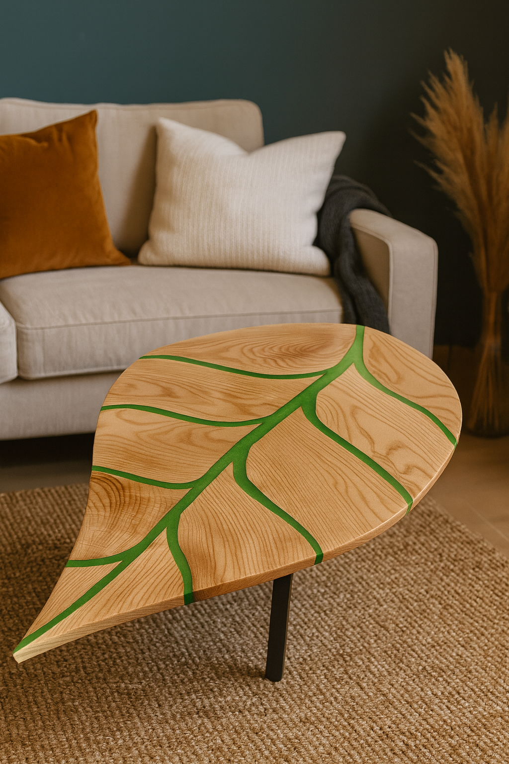 Table basse artisanale en bois et résine verte – Design feuille unique