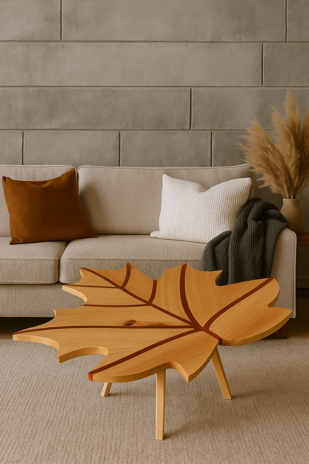 Table artisanale en bois et résine rouge – Design feuille d’érable