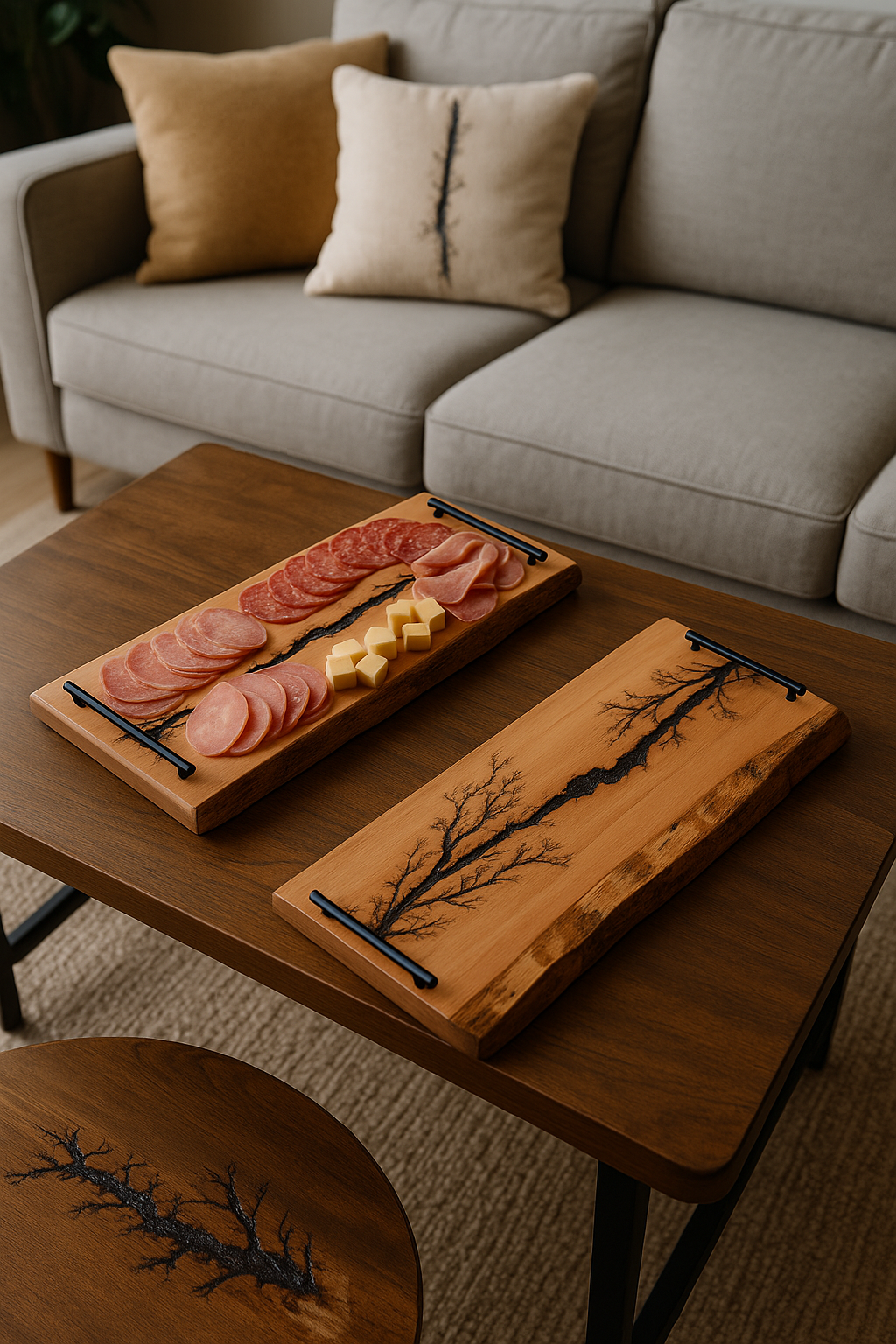 Planche à apéro artisanale en bois massif avec fractales – 60 x 25/30 cm