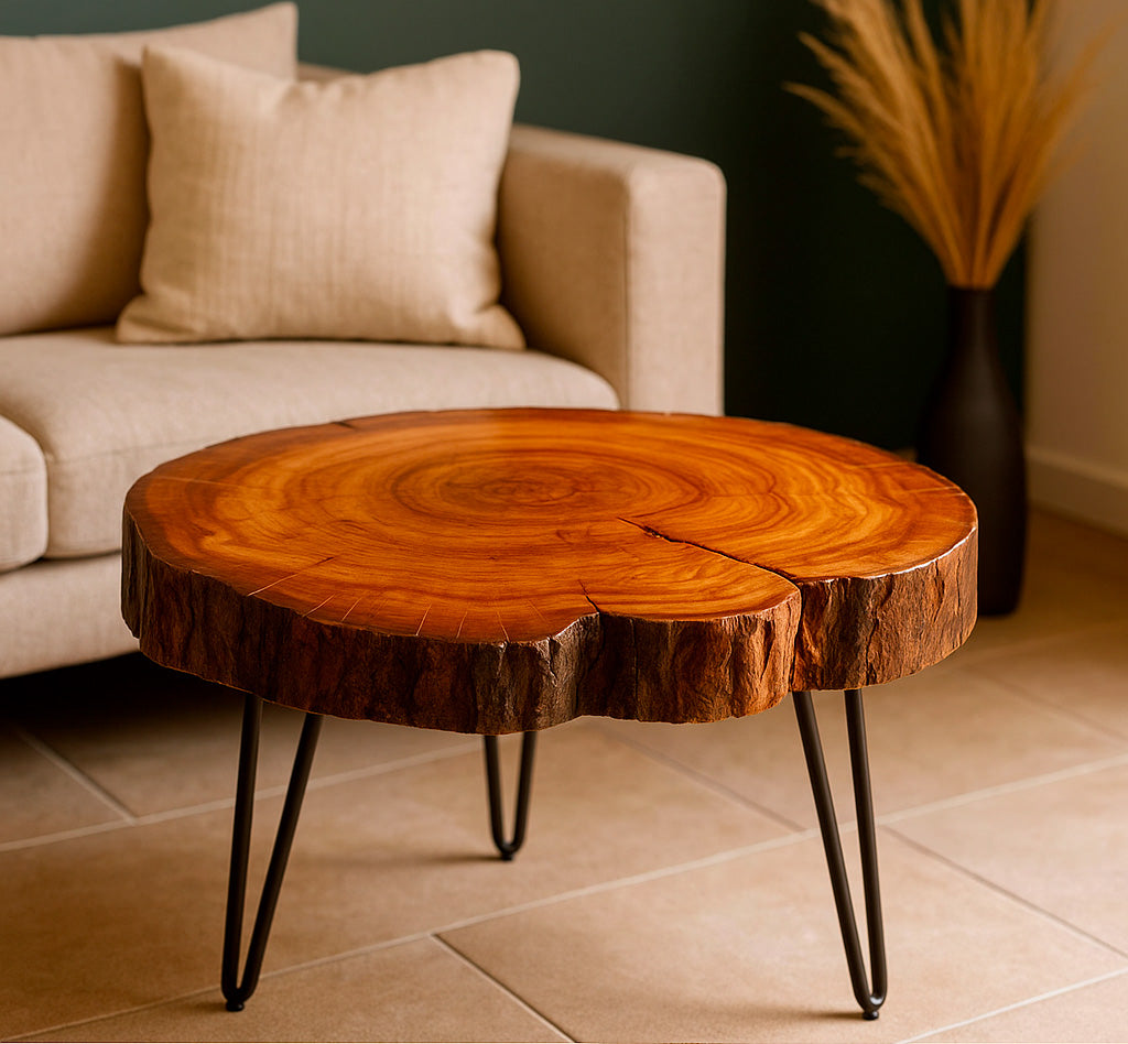 Table basse artisanale en pommier et résine transparente – Ø56 cm